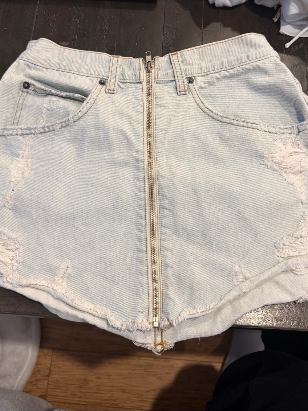 Carmar Light Blue Distressed Denim Mini Skirt with Front Zip